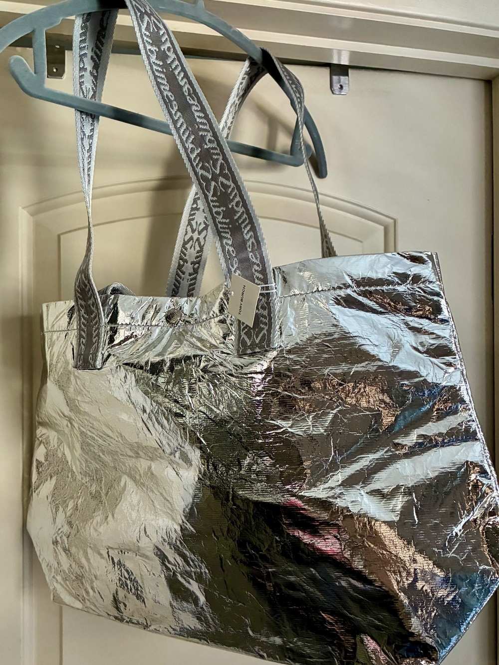 Tory Burch Sublime Silver Metallic Tote with Branded Gray Straps